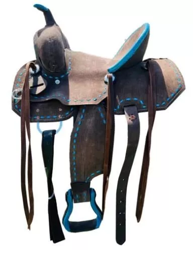 12" Pony Saddle - Chocolate w/teal buck stitch & pencil roll seat