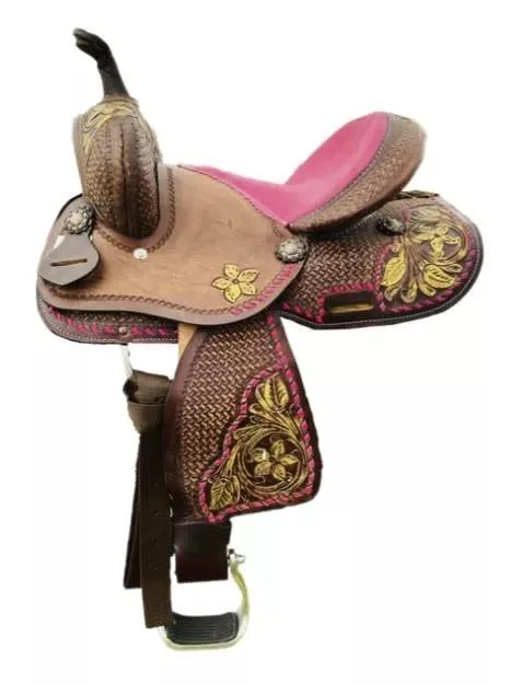 13" Pony saddle - Pink suede seat w/floral tooling