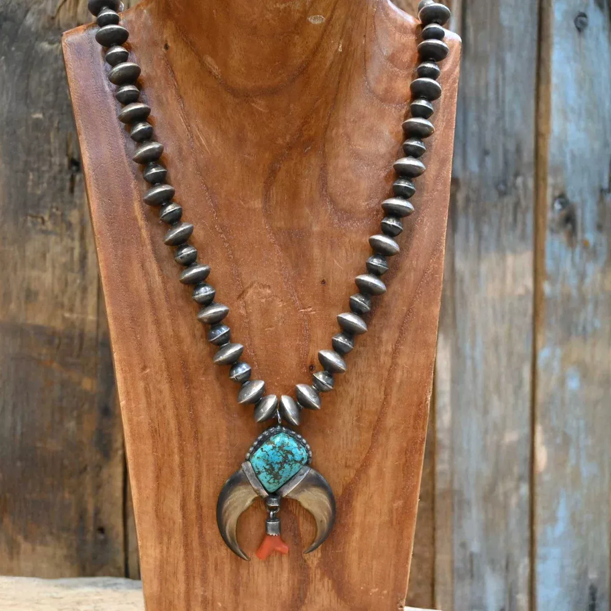 1940's - 50's Sterling Silver Bear Claw Necklace w/Turquoise