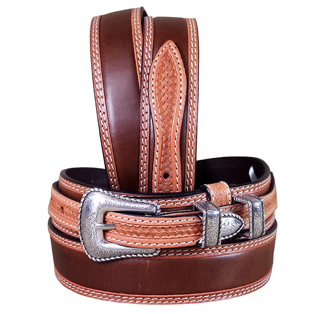 2 Tone Brown Full-Grain Leather Belt Contrast Stitching & Removable Buckle Set
