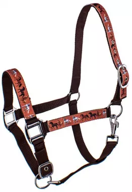 3 Ply Dark Brown Adjustable Nylon Halter With Horse Print Overlay