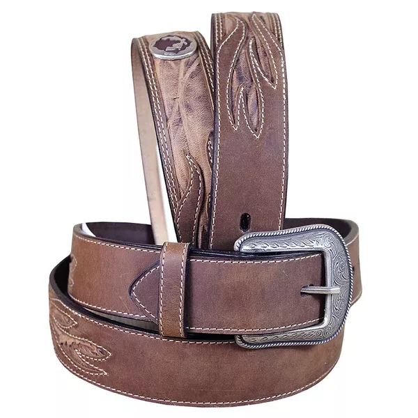3D BELTS Men's Brown Leather Western Concho Belt Leaf Stitching Silver Buckle