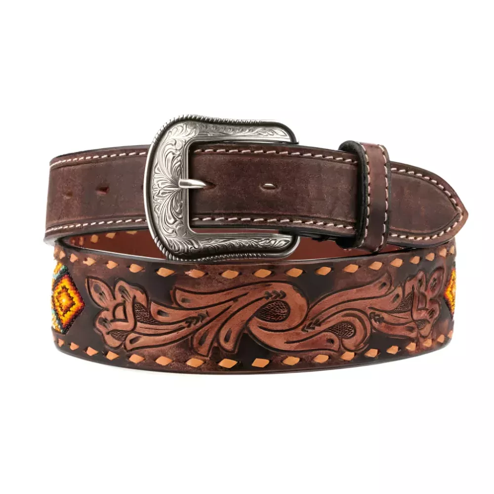 3D Men's Beaded Inlay Tooled Belt