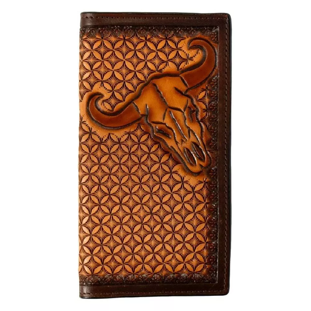 3D Tooled Cow Skull Stained Edge Rodeo Wallet