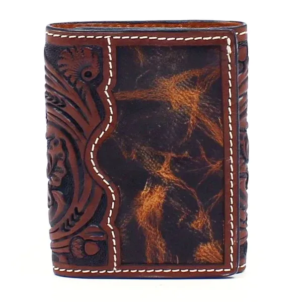 3D Western Mens Wallet Trifold Leather Tooled Floral Brown