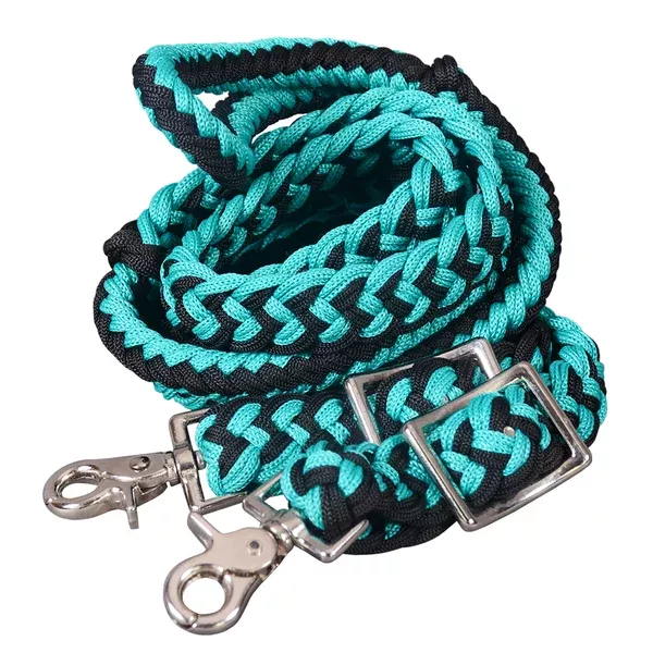 8 Ft. HILASON Braided Turquoise & Black Flat Poly Roping Rein w/ Trigger Snap