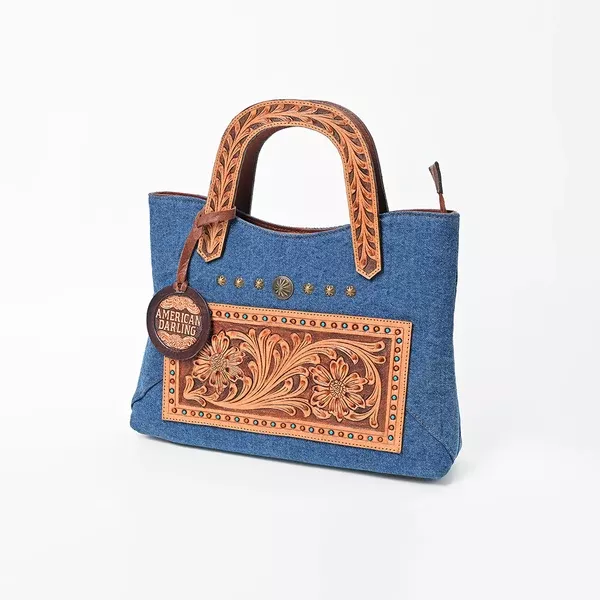 American Darling Blue Denim & Tooled Leather Western Handbag with Turquoise Studs