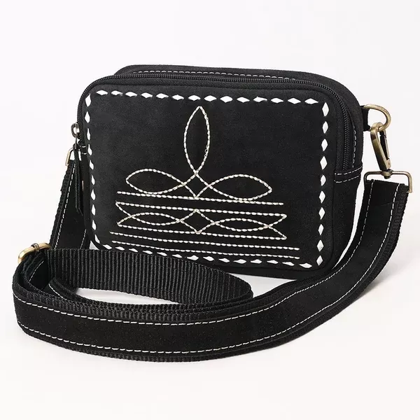 American Darling Boot Stitched Suede Leather Camera Bag Genuine Western Crossbody Purse with YKK Zipper