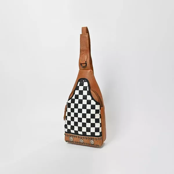 American Darling Chestnut Sling Bag Black White Checkered Panel Crossbody Style