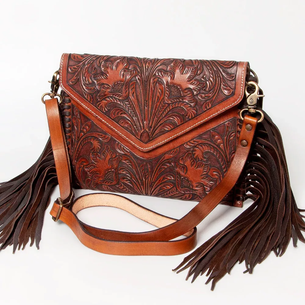 American Darling Envelope Bag Handcrafted from Hand Tooled Floral Genuine Leather with Fringes and YKK Zipper