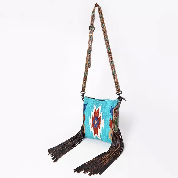 American Darling Large Cross body Bag, Hand-Woven Saddle Blanket & Hand Tooled Leather with Fringes, Western Handcrafted Purse