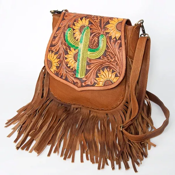 American Darling Messenger Bag Hand Tooled Sunflower Cactus Leather with Fringes Western Crossbody 11.5in x 11.5in