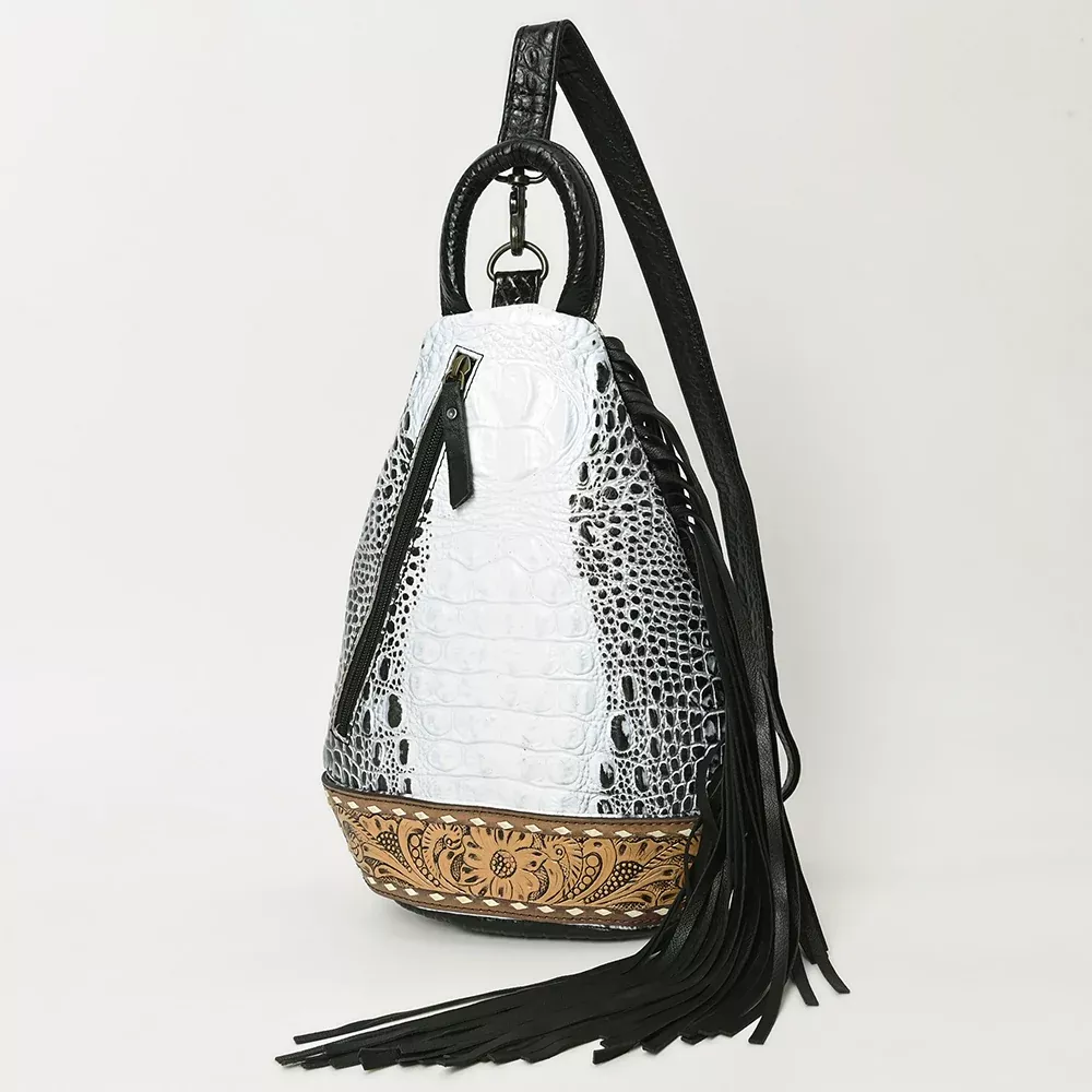American Darling Sling Bag Handcrafted from Crocodile Embossed Leather | Hand-Tooled Floral Base, Long Fringe & Multi-Pocket Design