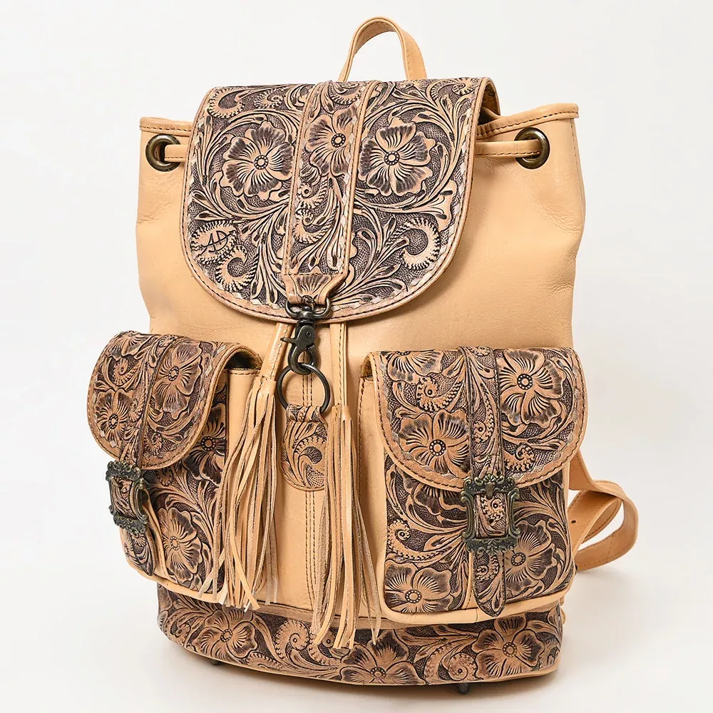American Darling Western Backpack Handcrafted from Hand Tooled Genuine Leather | Floral Carved Flap & Dual Front Buckle Pockets
