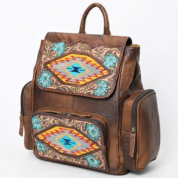American Darling Western Backpack Handcrafted from Tooled Leather & Saddle Blanket | Panel Purse with Multiple Pockets