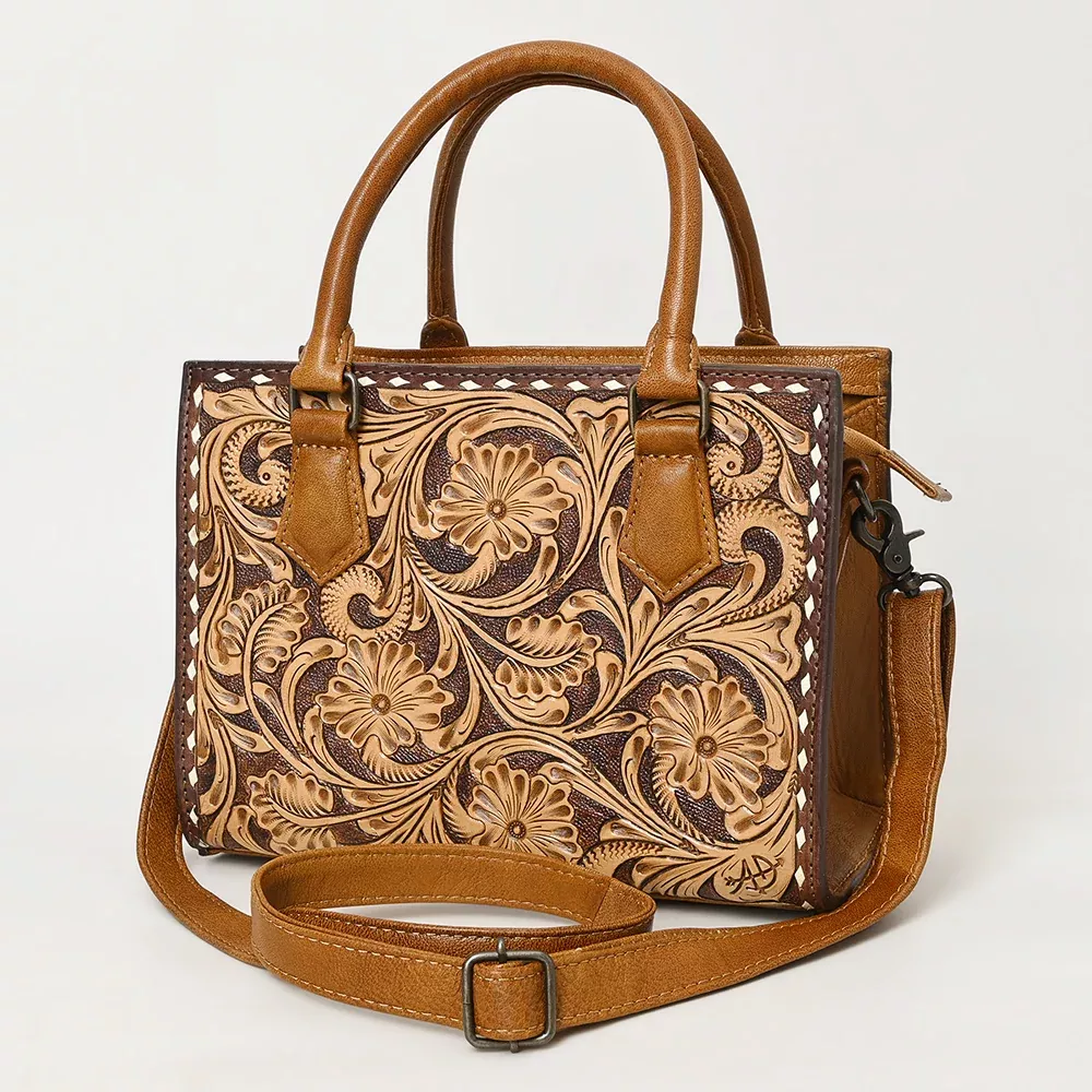 American Darling Western Mini Tote Handcrafted from Hand Tooled Genuine Leather | Floral Carved & Well Compartmentalized Handbag