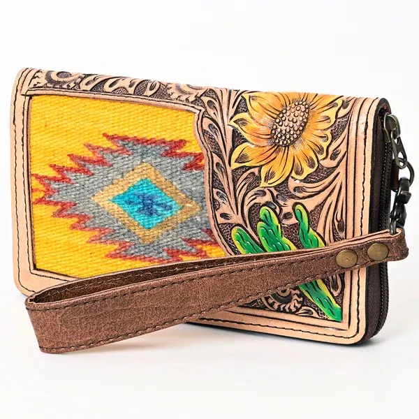 American Darling Western Organizer Bag Hand Woven Saddle Blanket Hand Tooled Leather Small Organizer 4.5in (H) X 8in (W)