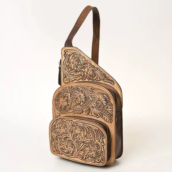 American Darling Western Sling Backpack Handcrafted from Hand-Tooled Genuine Leather | Floral Carved with Multiple Zipper Pockets for Travel