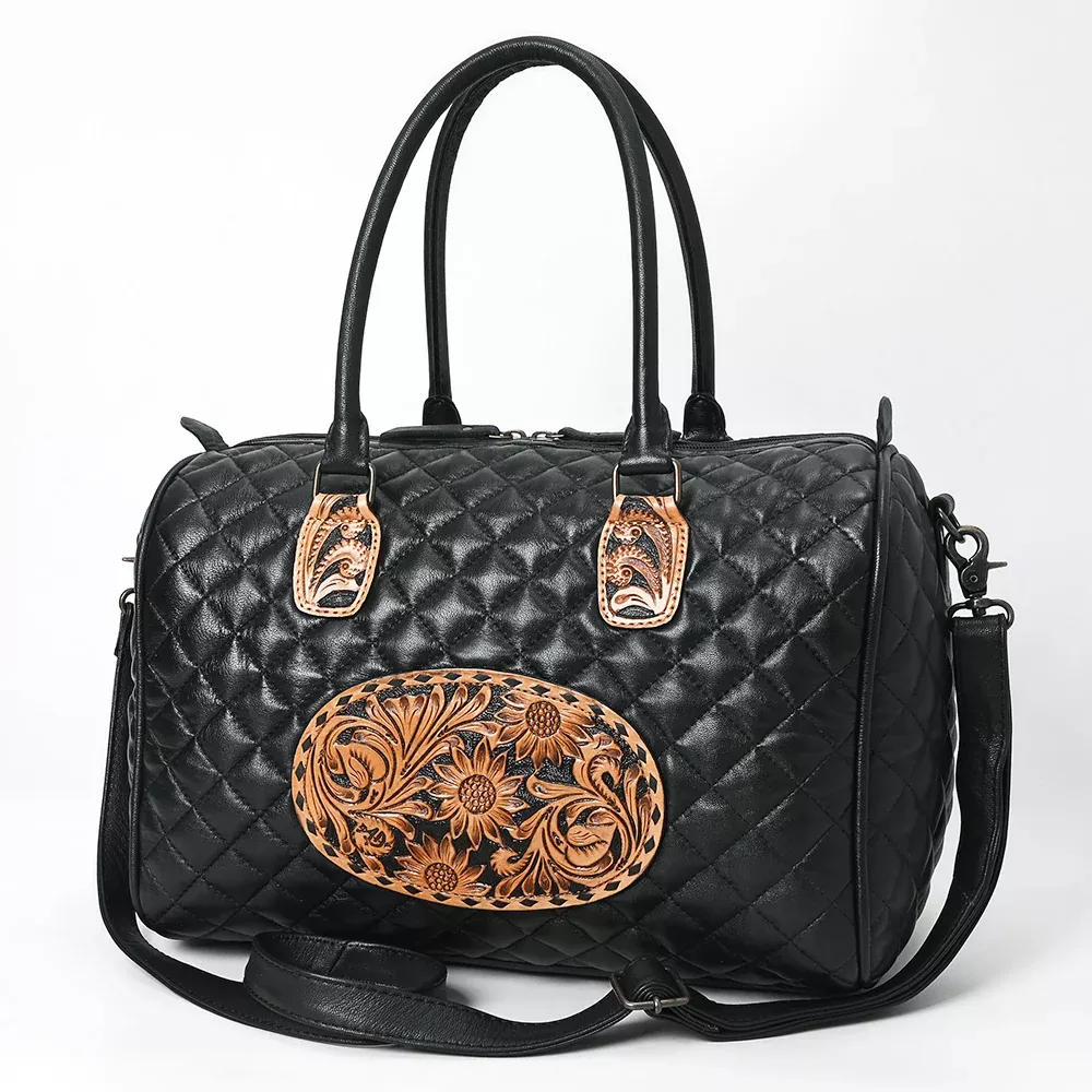 American Darling Western Speedy Bag Handcrafted Quilted & Hand-Tooled Genuine Leather | Floral Carved Accent, Buckstitch & YKK Zipper