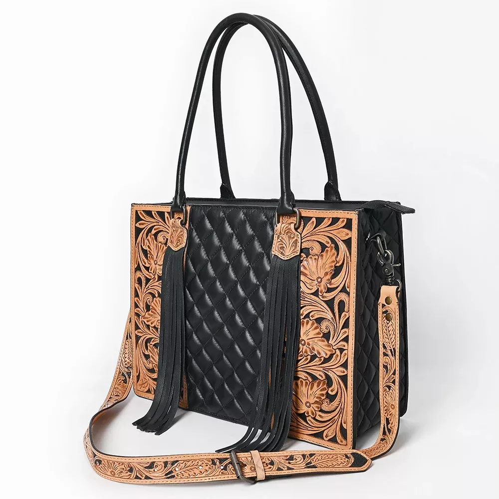 American Darling Western Tote Bag Handcrafted from Hand-Tooled Quilted Genuine Leather | Full Fringe & YKK Zipper