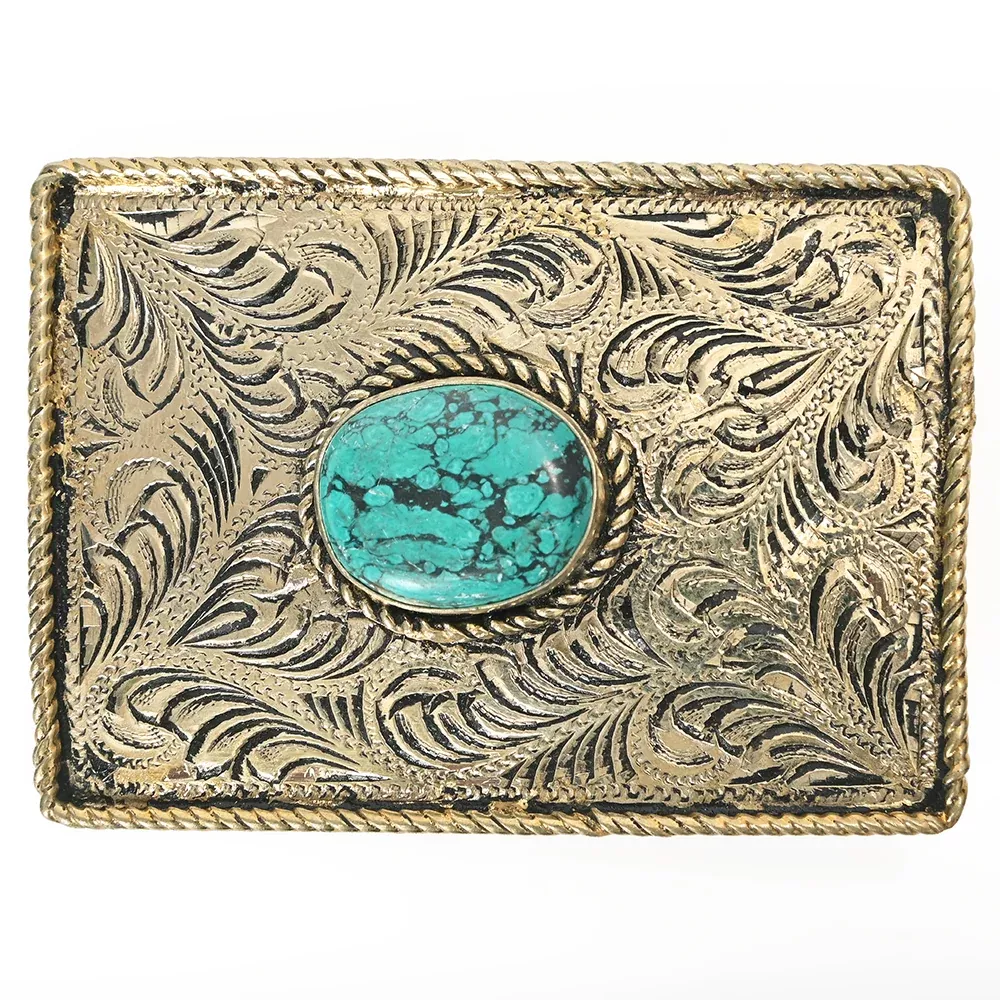 American DarlingBelt Buckle Engraved Brass Turquoise Rhinestone Scrollwork