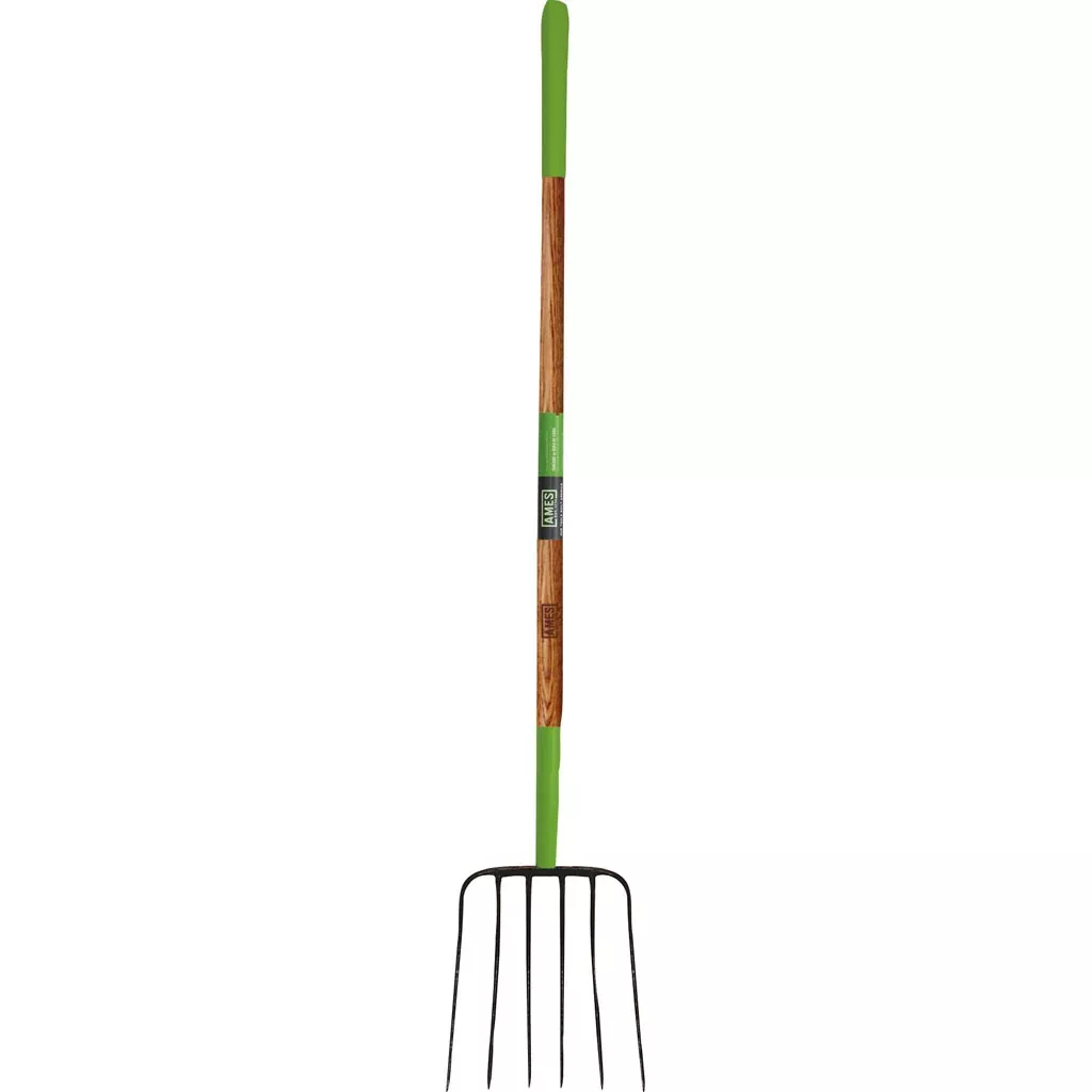 Ames Forged Manure Fork, 6 Tine, Long Handle, 61 in, Green