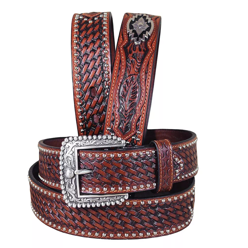 Ariat Men Full Grain Leather Western Belt Hand Tooled Basketweave Concho Accents