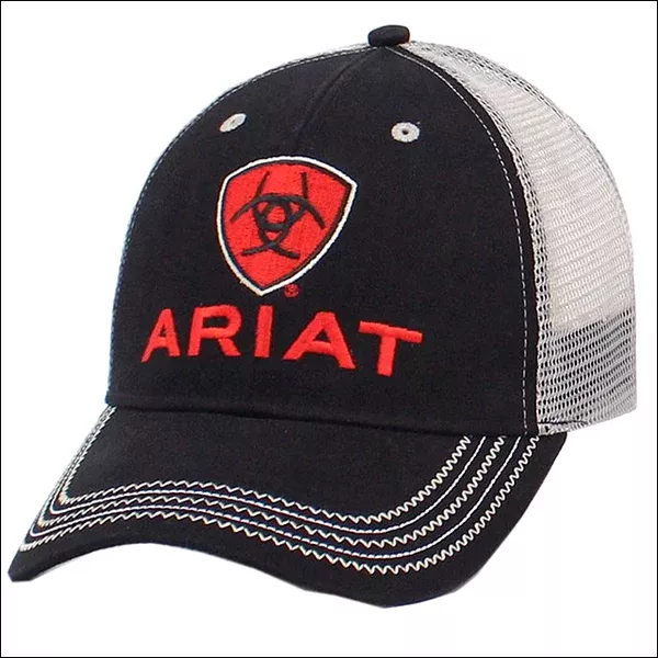 Ariat Mens Cowboy Mesh Back Baseball Cap W/ Red Zig Zag Logo Black Gray
