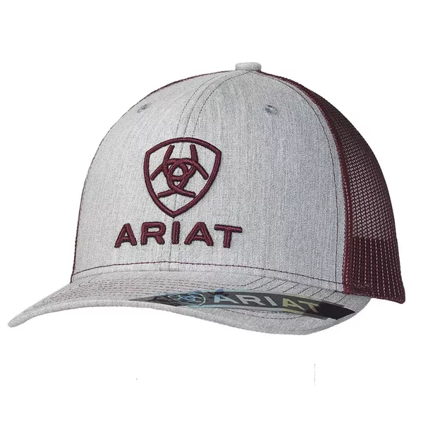Ariat Mens Hat Baseball Cap Snap Mesh Embroidered Grey Burgundy