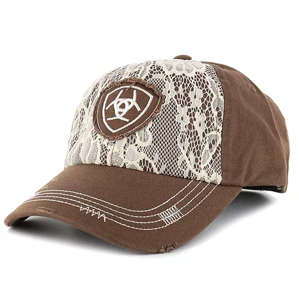 Ariat Womens Adjustable Logo & Lace Overlay Cotton Baseball Cap Brown