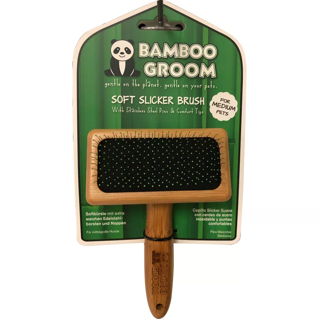 Bamboo Groom Soft Slicker Brush with Stainless Steel Pins, Medium