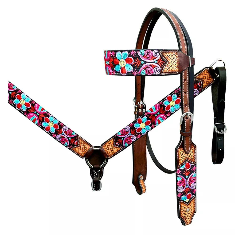 Bar H Equine Western Leather Horse Headstall & Breast Collar Brown