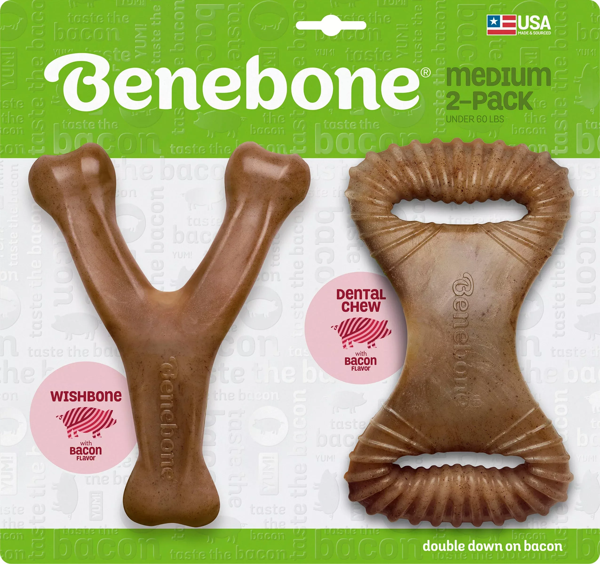Benebone Dental/Wishbone Combo Dog Chews, Medium, Bacon, 2-Pack