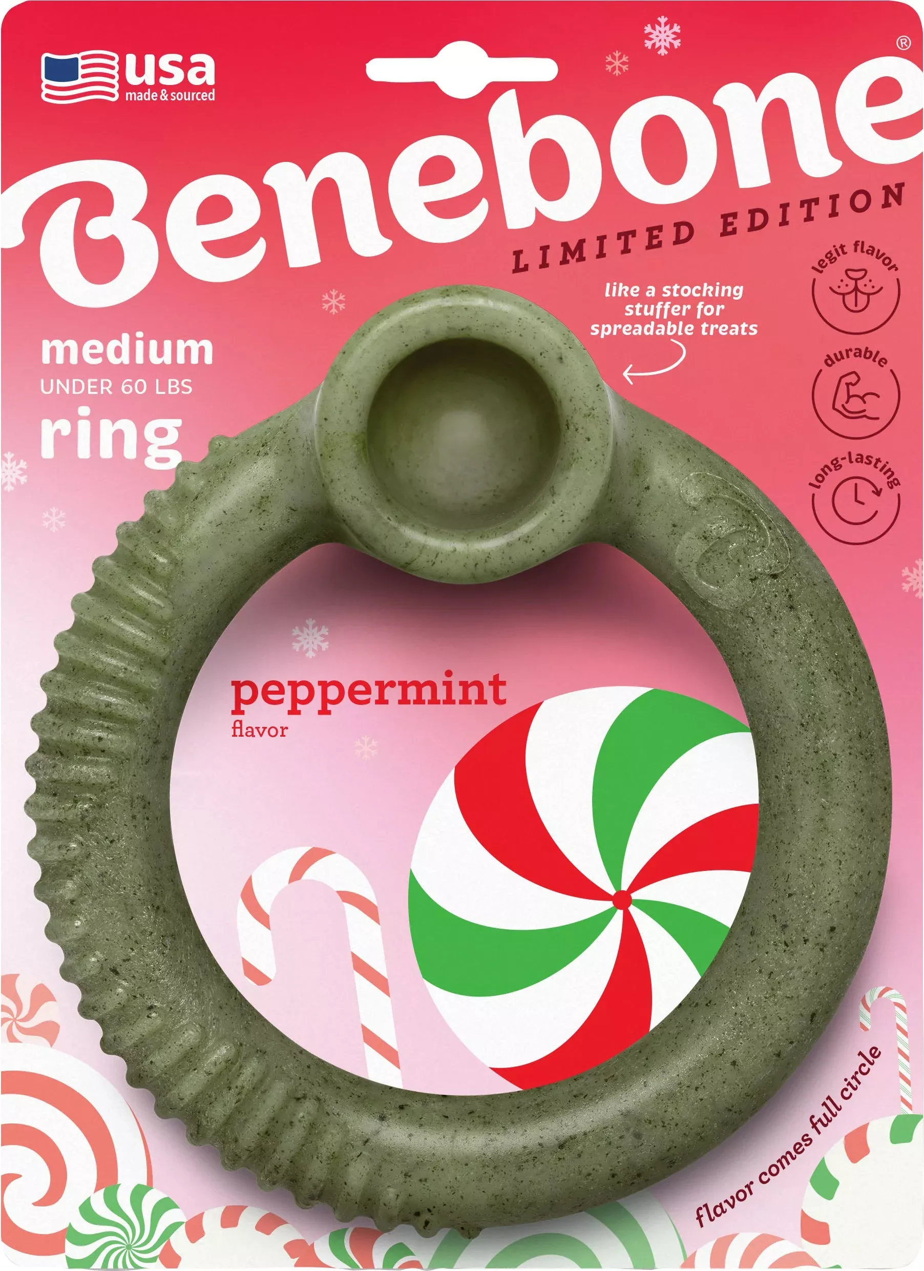 Benebone Holiday Ring Dog Chew, Peppermint, Medium