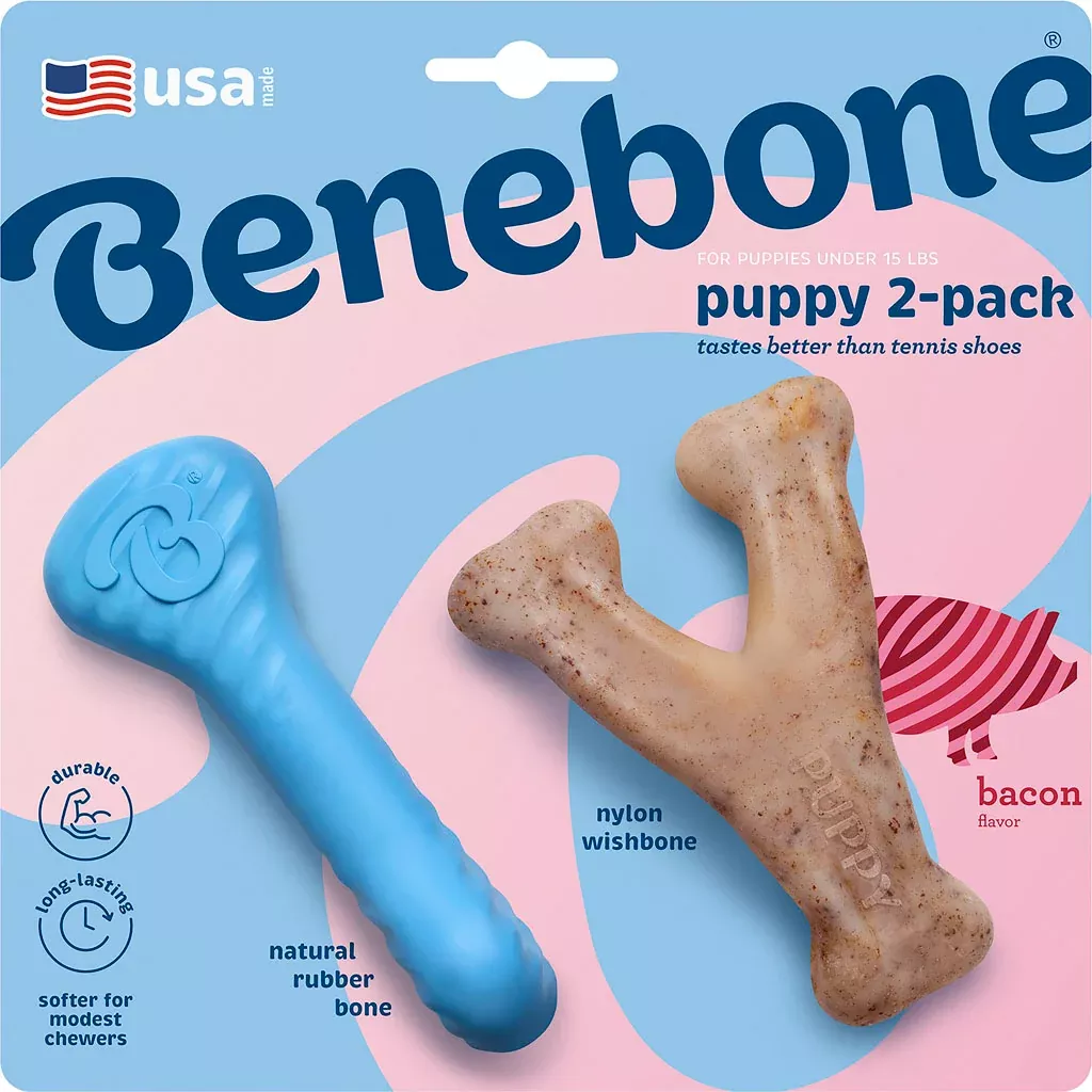 Benebone Puppy Wishbone & Rubber Bone, Tiny, Bacon