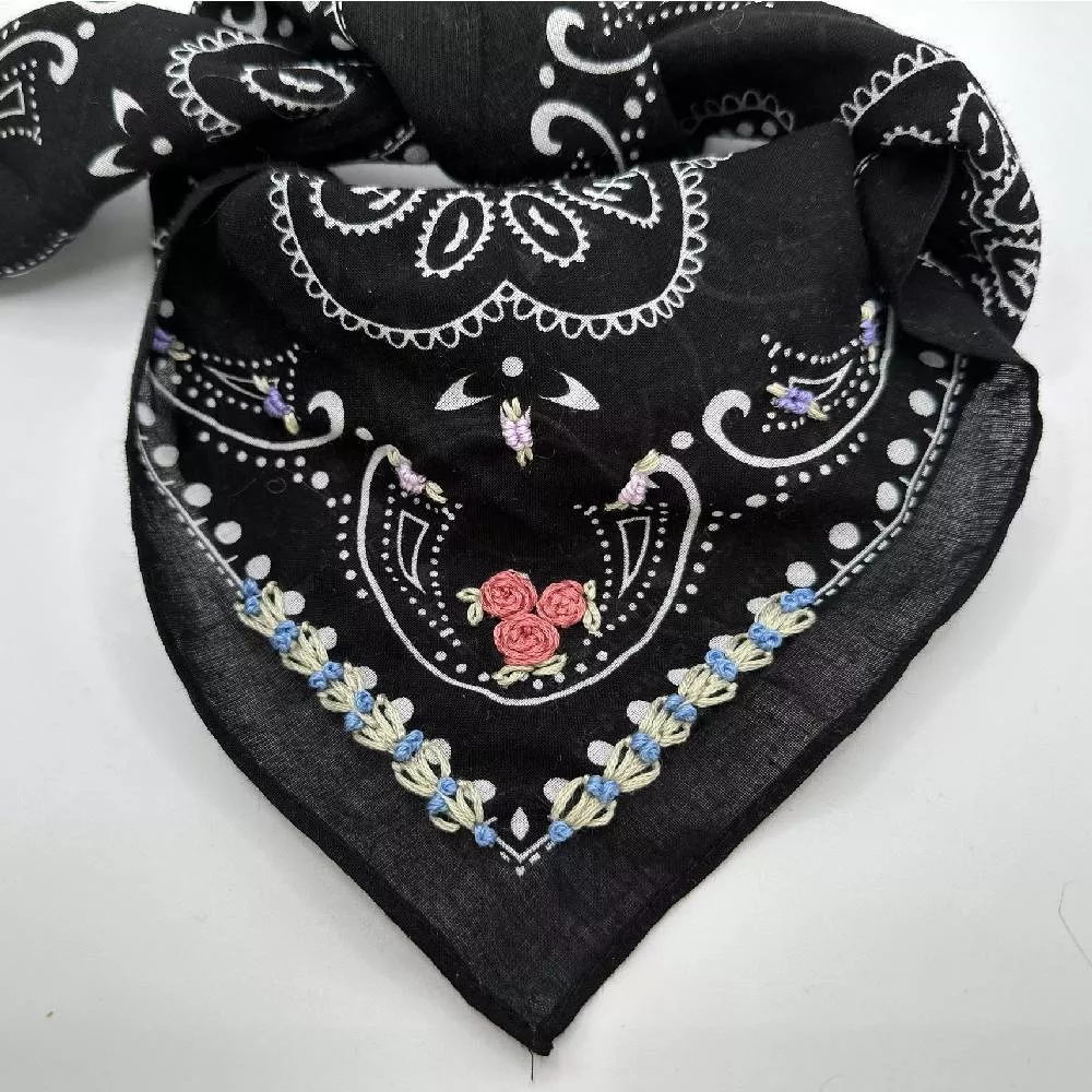 Black Floral Embroidered Bandana