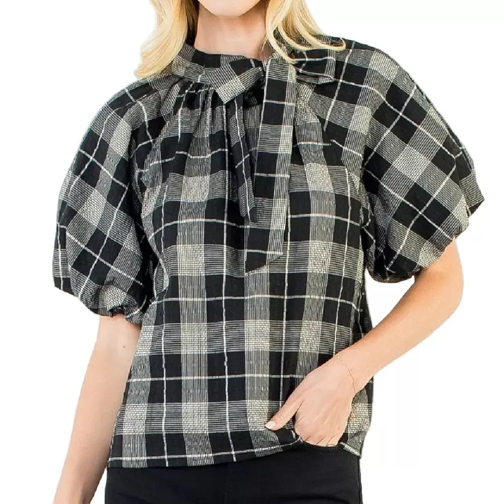 Black Puff Sleeve Tie Neck Plaid Top