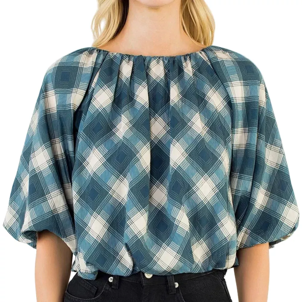 Blue Flowy Plaid Top