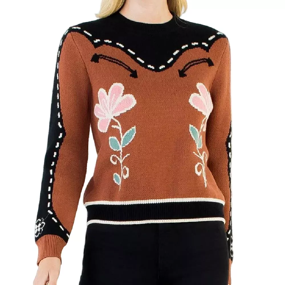 Brown Flower Print Western Sweater