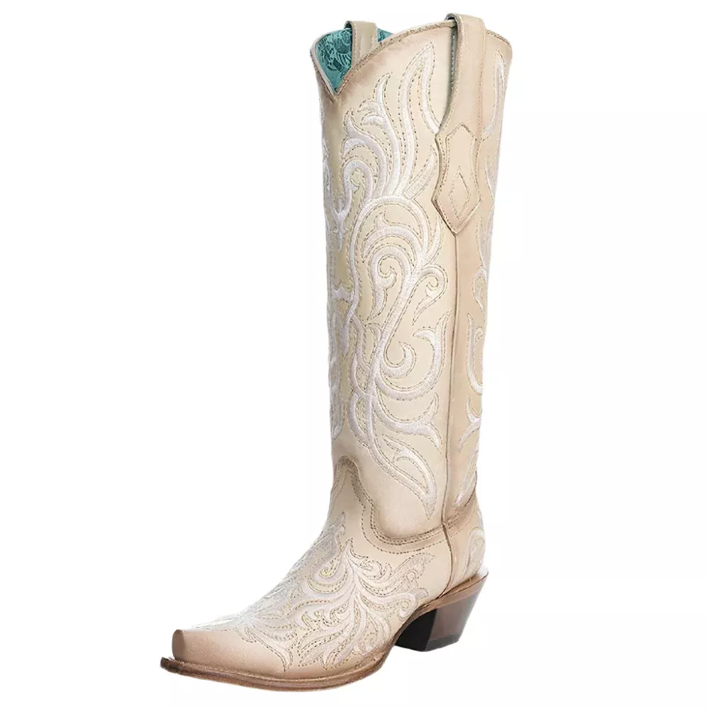 Corral Women's Tall White Embroidery Cowboy Boot