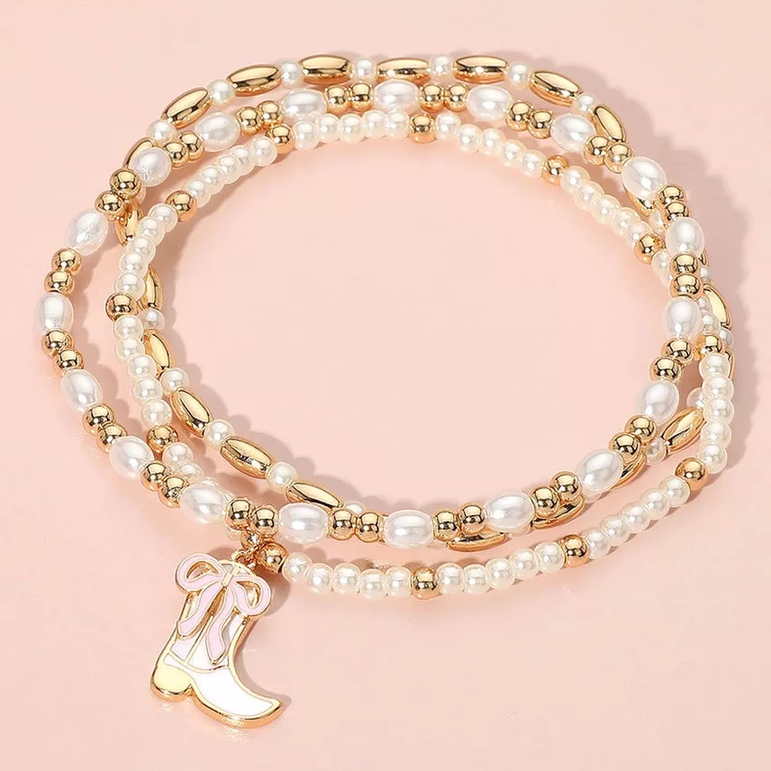 Cowboy Boot Pearl Beaded Multi Layered Bracelet