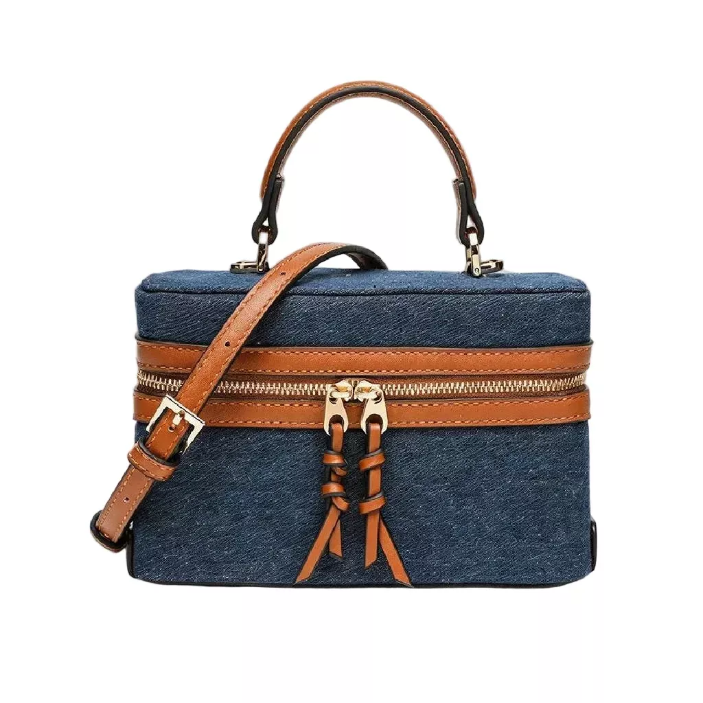 Dayla Canvas Leather Boxy Crossbody Bag - Dark Denim