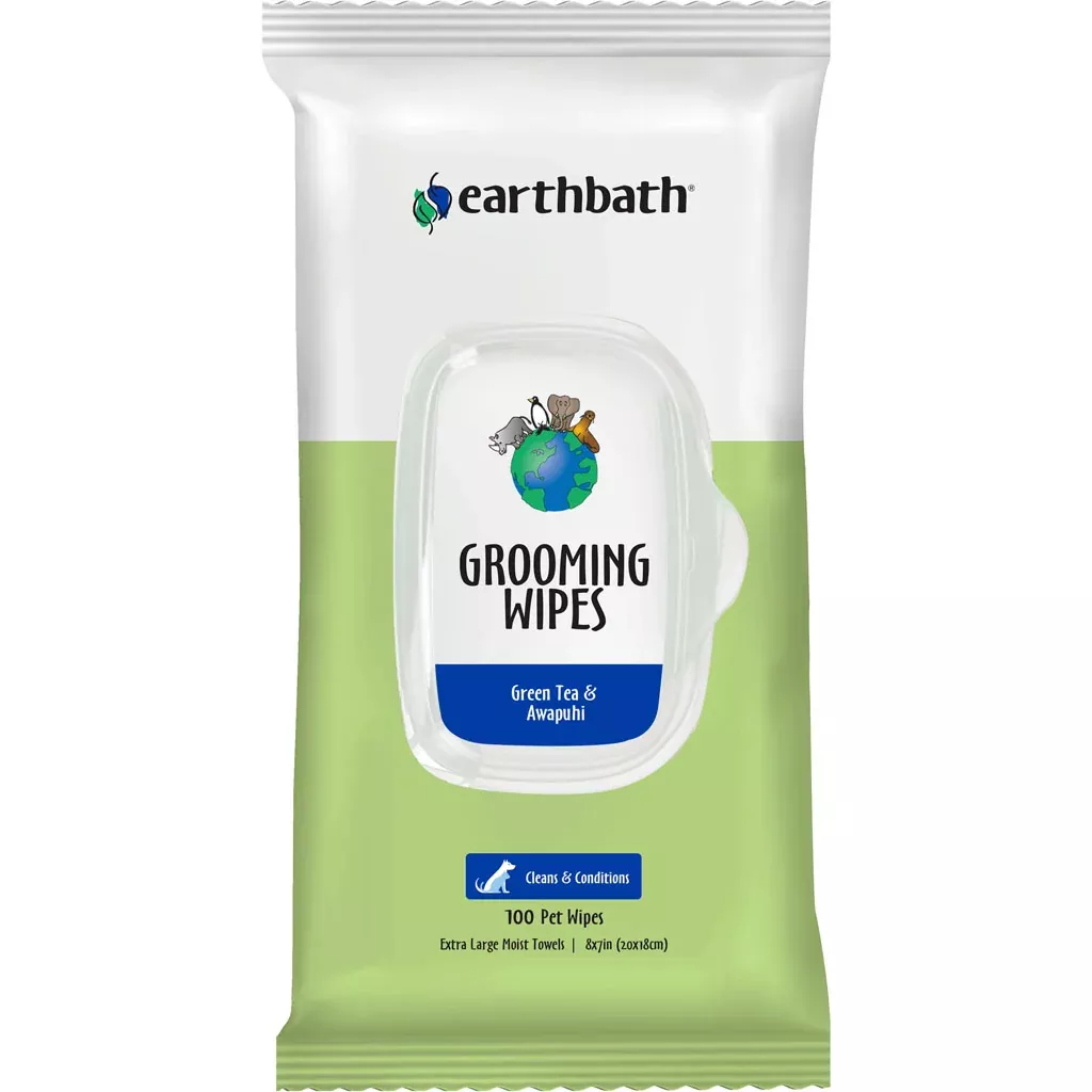 Earthbath Grooming Wipes, 100 Pack, Green Tea & Awapuhi