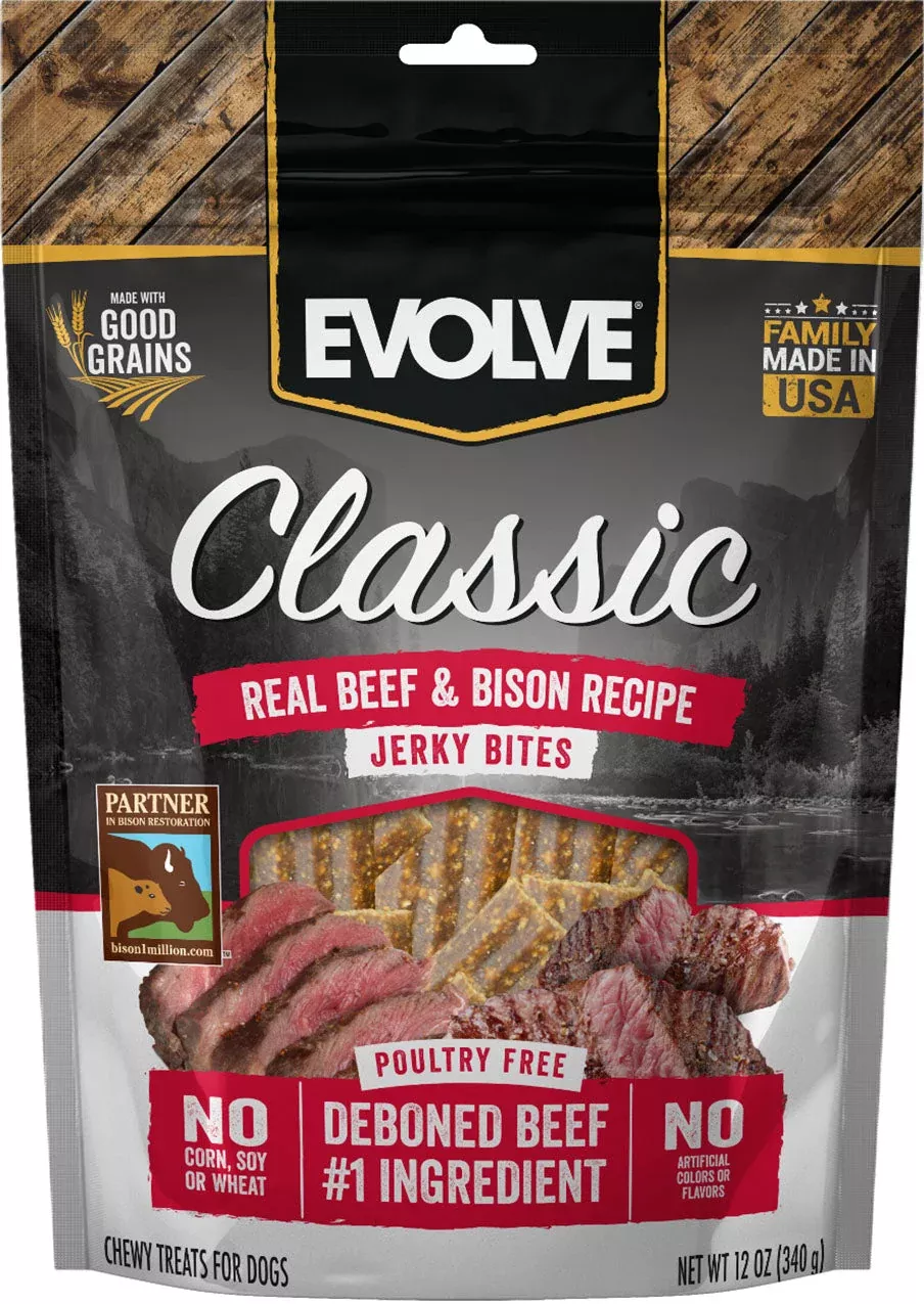 Evolve Classic Jerky Bites Dog Treats, Beef & Bison, 12 oz