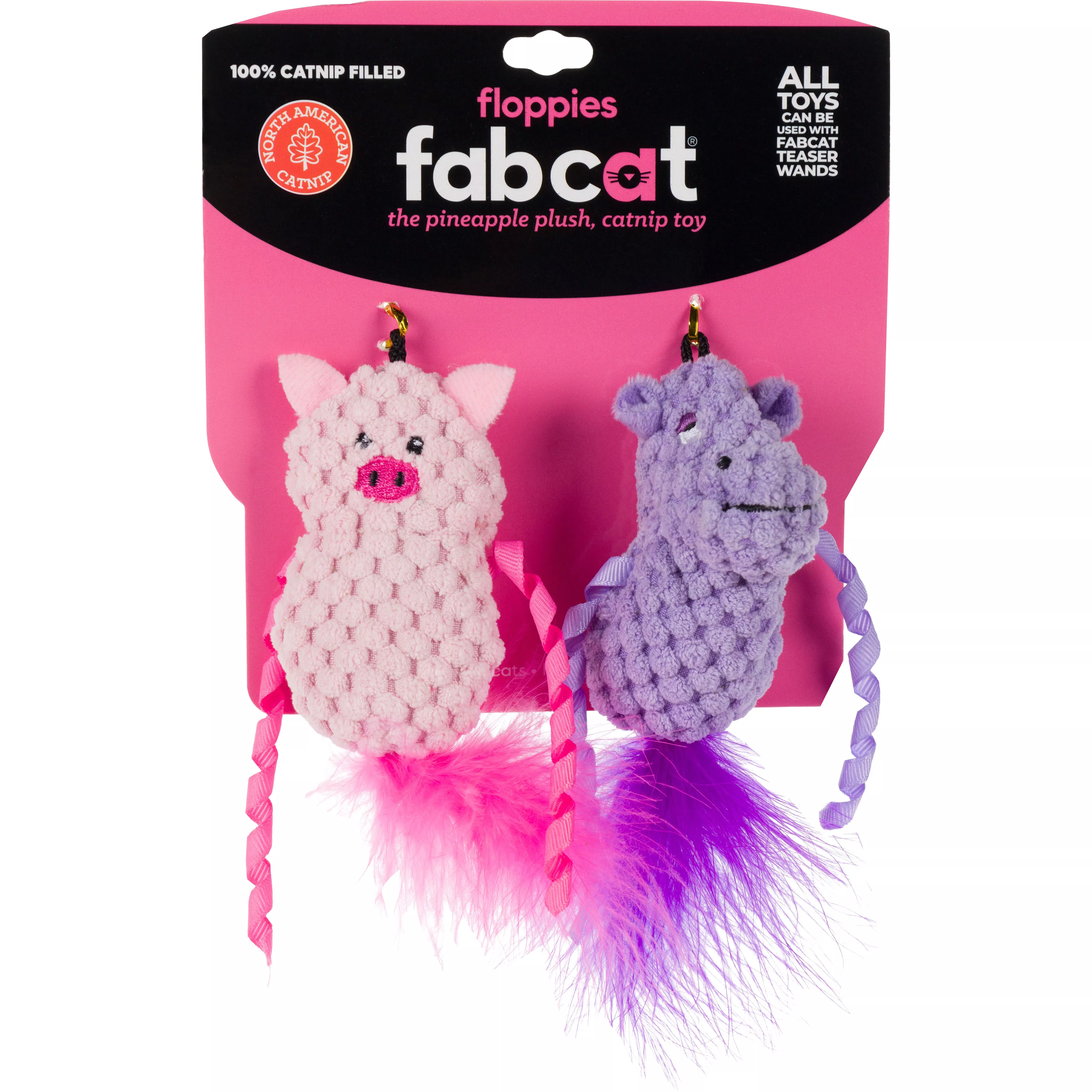 fabcat Floppy Hippo and Pig Cat Toys, Pink/Purple
