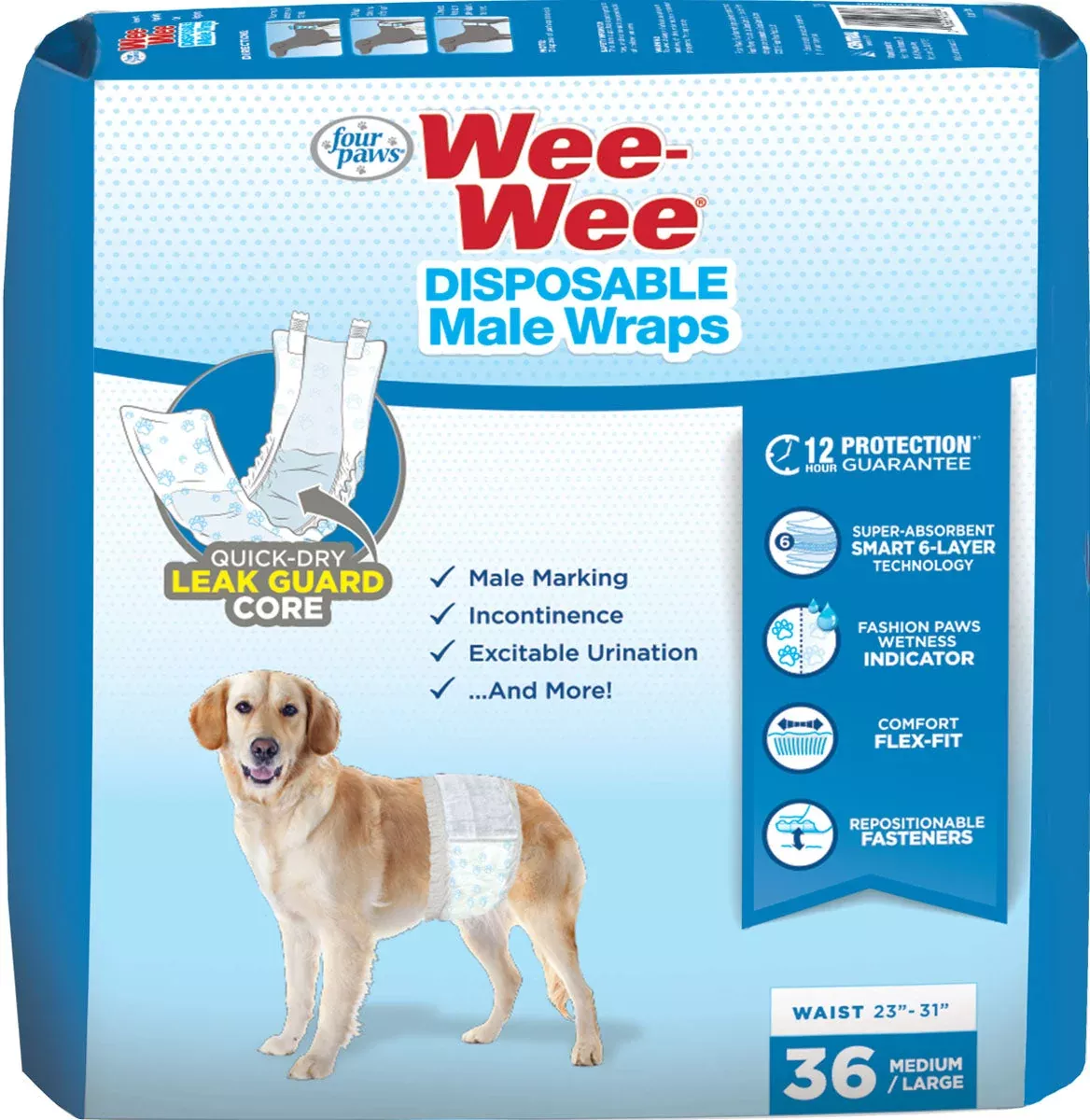 Four Paws Wee-Wee Disposable Male Dog Wraps, Medium/Large, 36 Pack