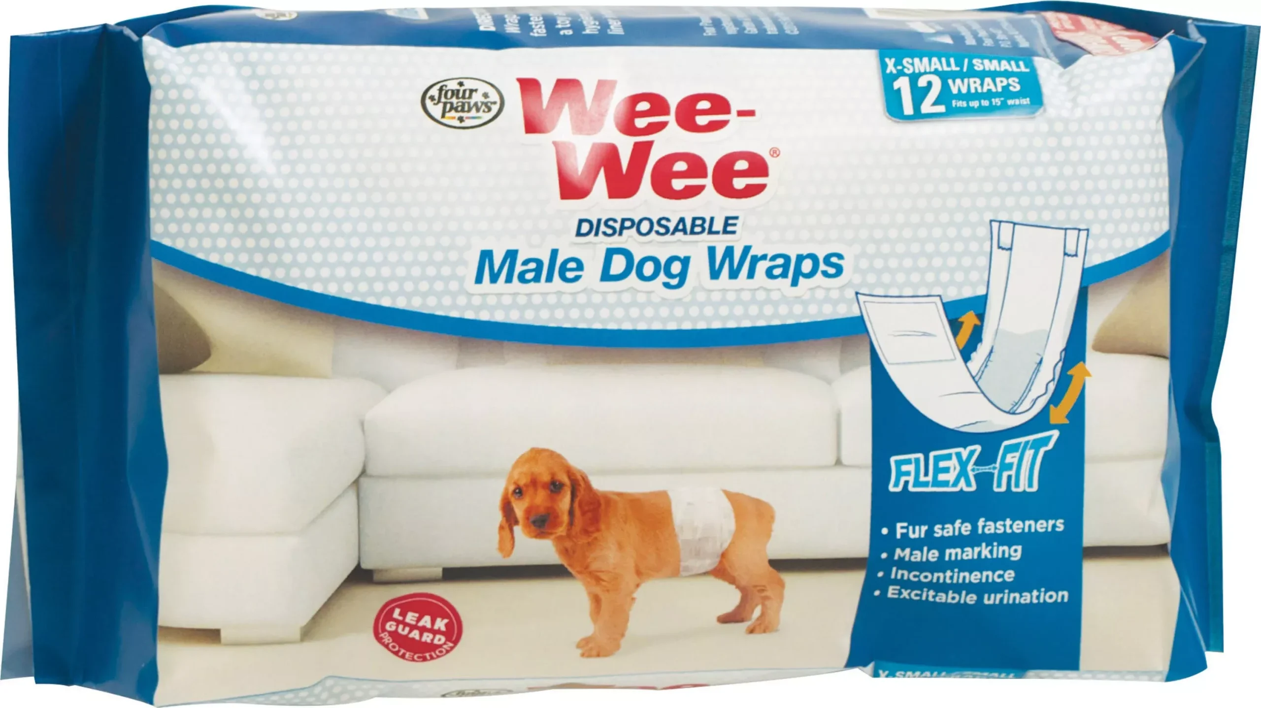 Four Paws Wee-Wee Disposable Male Dog Wraps, X-Small/Small, 12-Pack