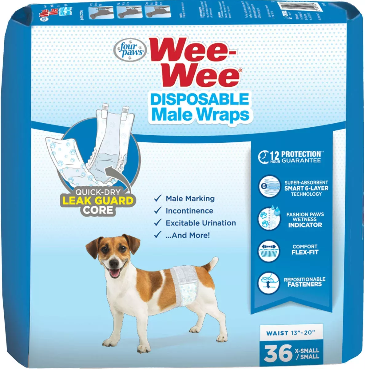 Four Paws Wee-Wee Disposable Male Dog Wraps, XS-Small, 36 Pack