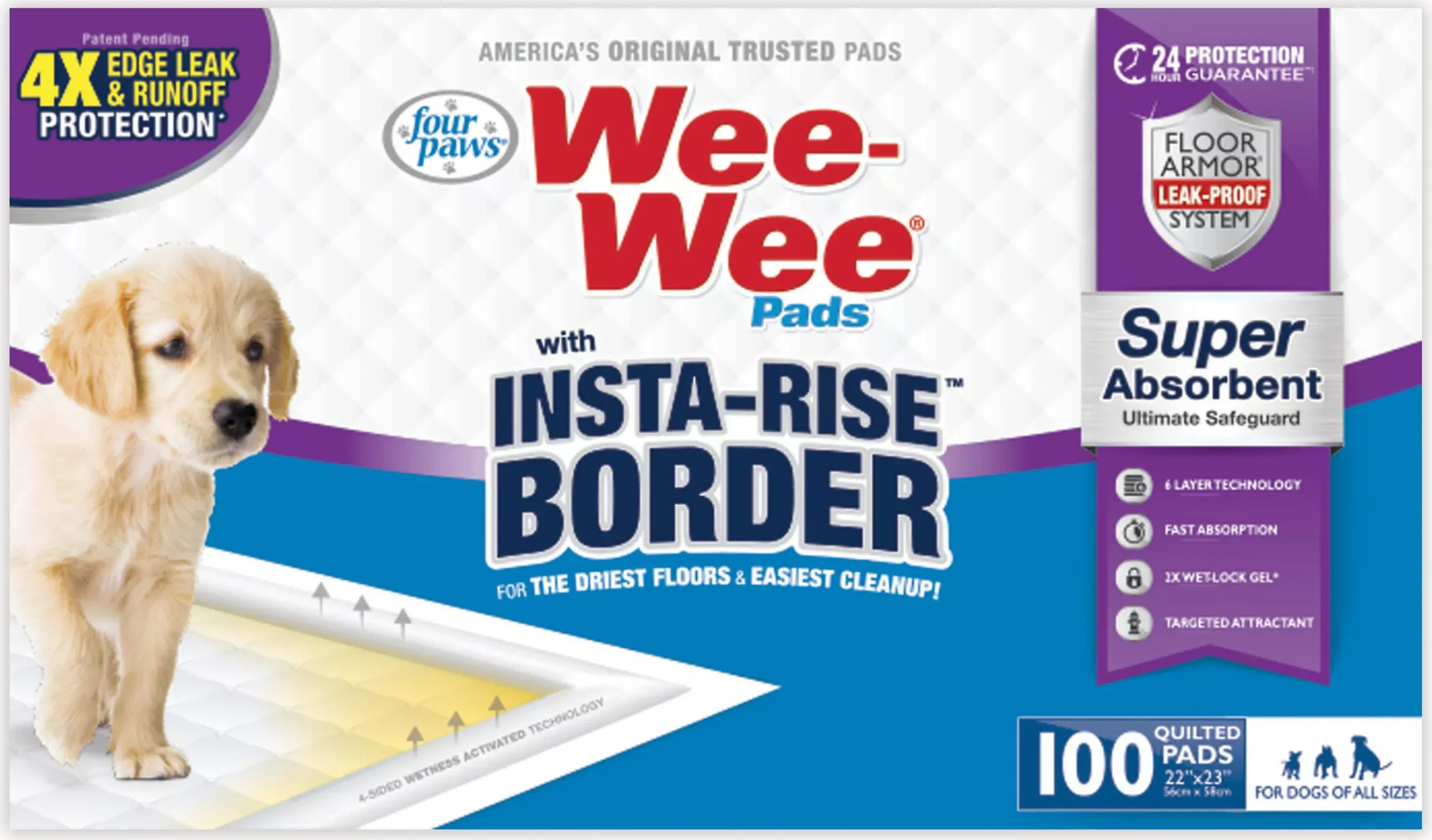 Four Paws Wee-Wee Insta-Rise Border Pads, 22 x 23 in, 100 Pack
