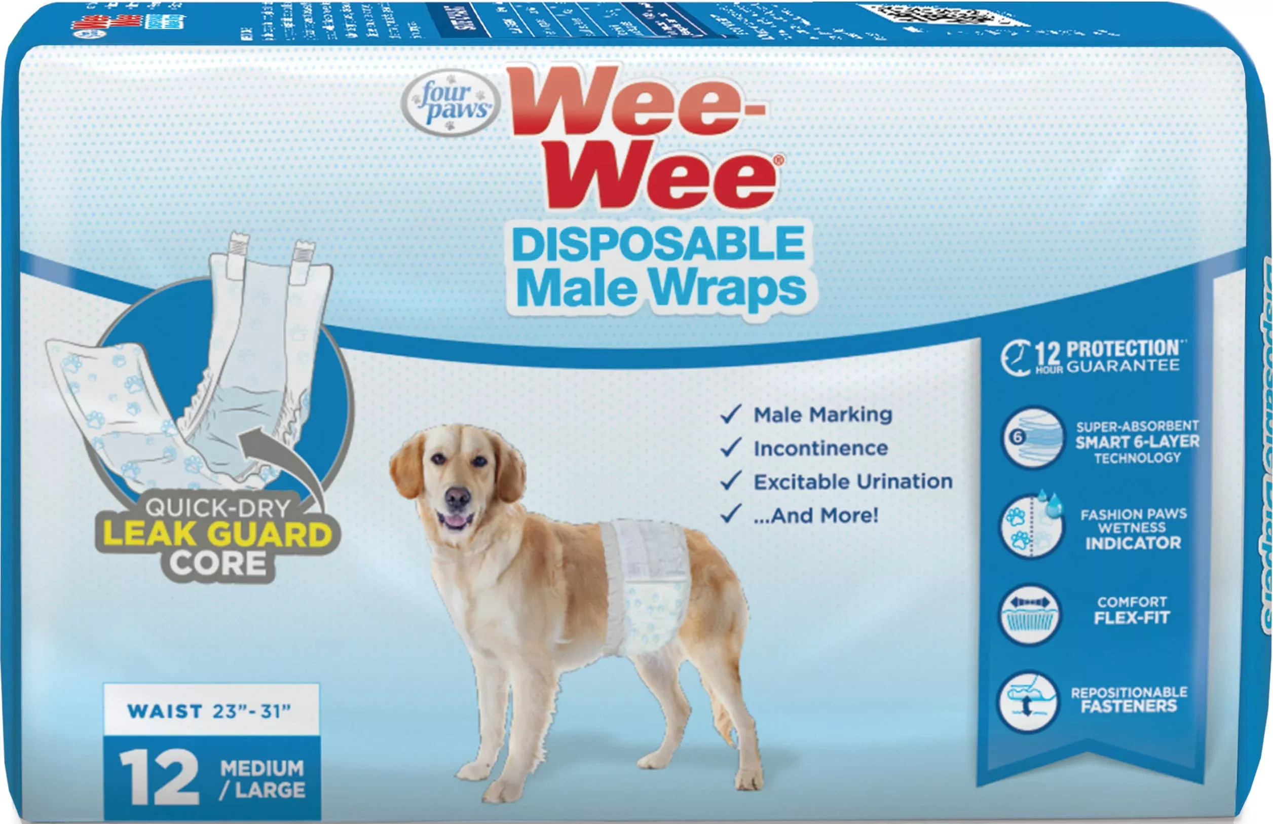 Four Paws Wee-Wee Male Dog Wraps with Wetness Indicator Medium/Large (12 Pack)
